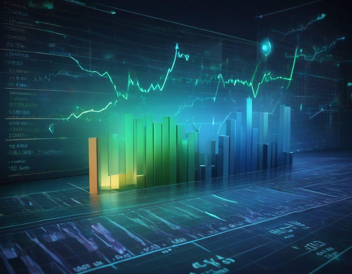 A visually striking financial chart showcasing various data points and trends, with arrows leading to crucial decision-making symbols like a lightbulb and a checkmark. Integrate imagery of stock market elements like bull and bear icons, coins, and graphs in a dynamic layout. The background features a blend of blue and green gradients symbolizing growth and stability. super-realistic. vibrant colors. 3D.