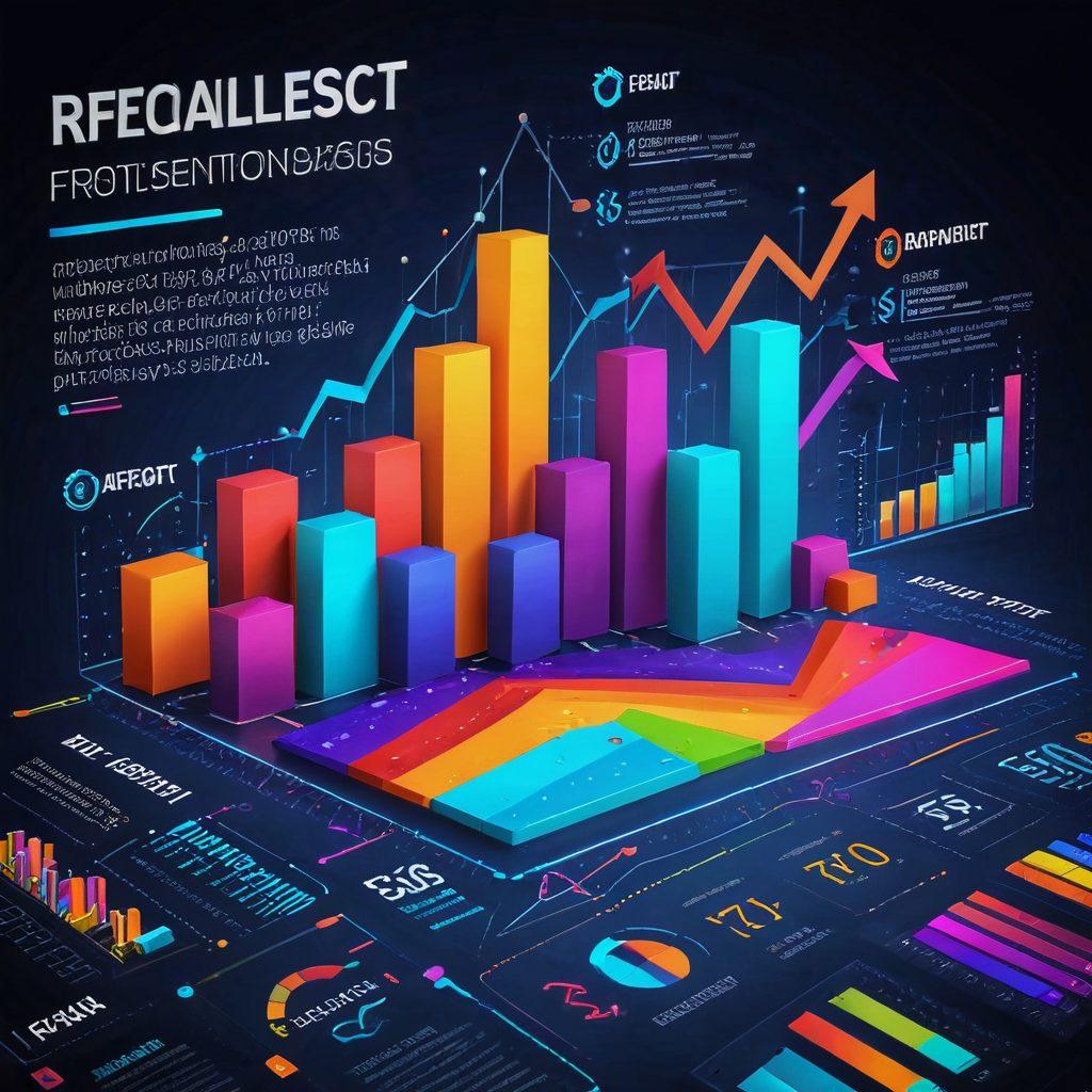 A captivating infographic illustrating the concept of data visualization in financial analysis, showcasing charts, graphs, and colorful data points that symbolize investment trends and success. Incorporate elements of a stock market, such as arrows indicating upward movement, with a blend of technology and finance symbols in the background. The scene should evoke a sense of achievement and clarity in understanding complex financial data. vibrant colors. modern design. 3D.