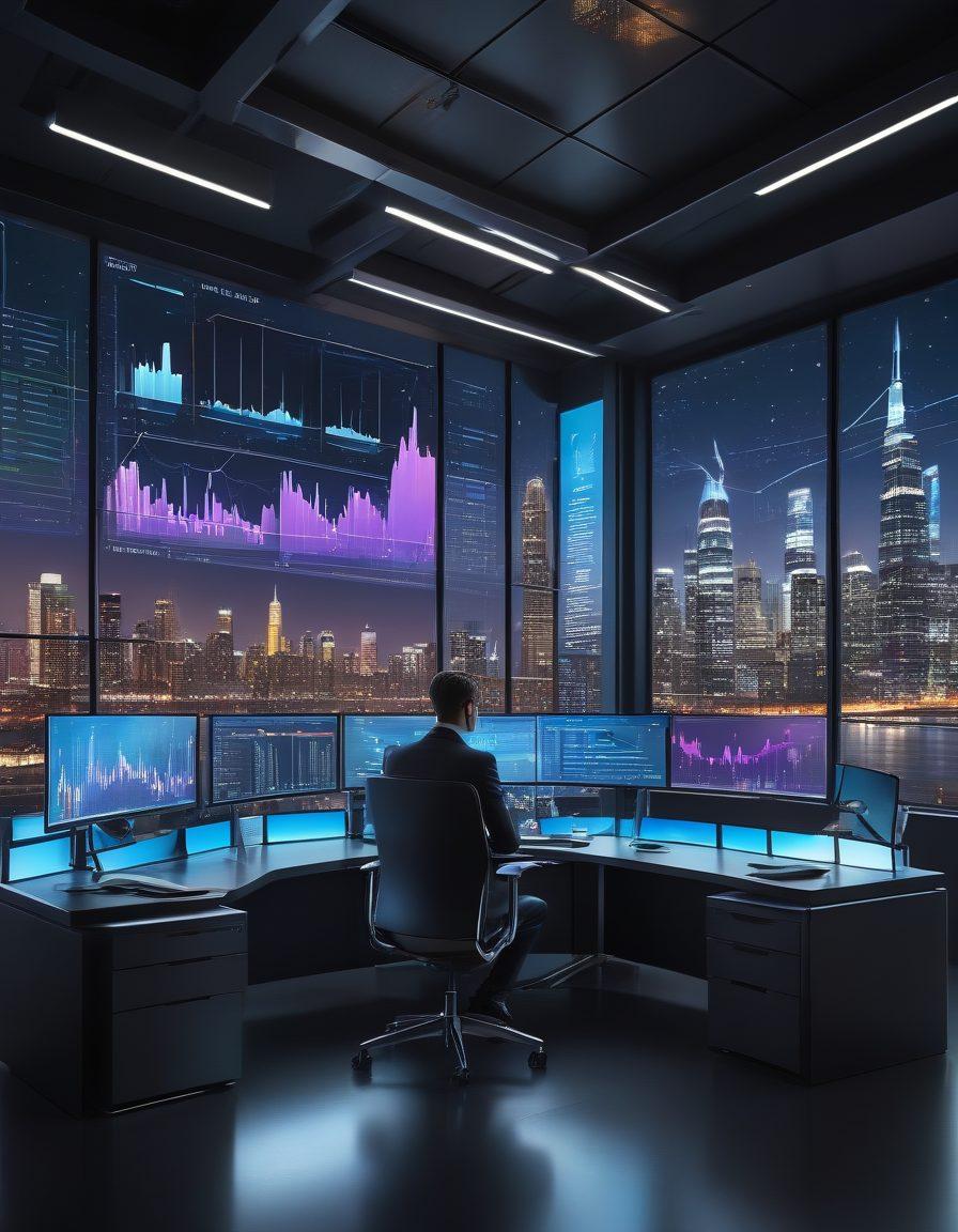 A futuristic workspace with a sleek dual-monitor setup displaying intricate market charts and analytics, surrounded by floating geometric shapes symbolizing data trends. Include a person interacting with the charts using a holographic interface, with a backdrop of a city skyline through a large window. The atmosphere should convey innovation and expertise in finance. hyper-realistic. vibrant colors. 3D.